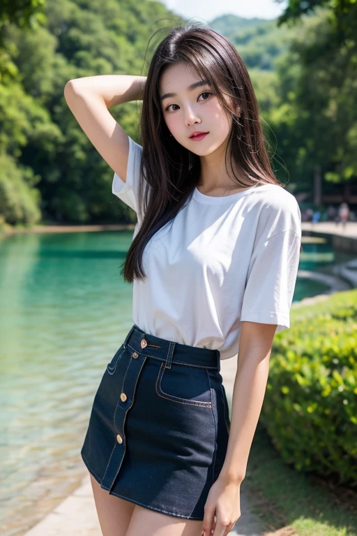 garden,Alafed woman with long hair, Young and adorable Korean face, Young and pretty Asian face, Gorgeous Young Korean Woman, Beautiful young Korean woman, Jaeyoung Nam, 8K Full Body Selfie,Beautiful Korean Women, Long haired asian girl, Korean Girls, Choi Hong-hwa, Cute Korean Actresses,skirt 20cm above the knee,Panty shot,153cm,40kg,Bust 85 Waist 55 Hips 85