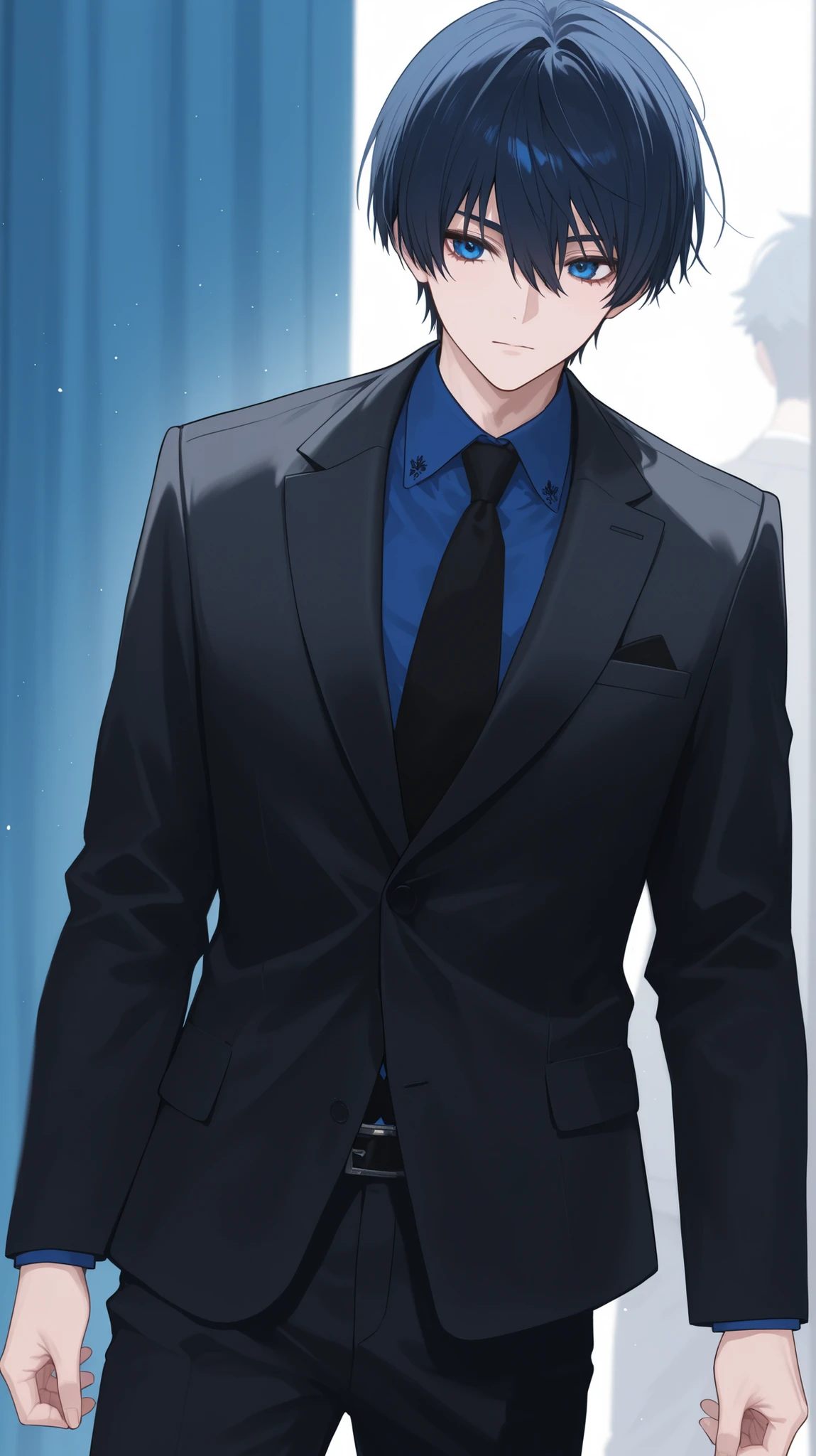 men black blue hair blue eye short hair  front view black suit fullbody