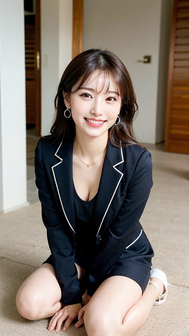 (8k, Best Quality, Masterpiece:1.2), (Realistic, Photorealistic:1.37), Ultra Detailed, Solo, A Young and beautiful Japanese politician, (suit, jacket, tight mini-skirt), (Smile,Big breasts), Beautiful Fine Eyes,(long Hair:1.2),Floating Hair NovaFrogStyle, cleavage, (1 woman is bowing to viewer:1.3), (from above)