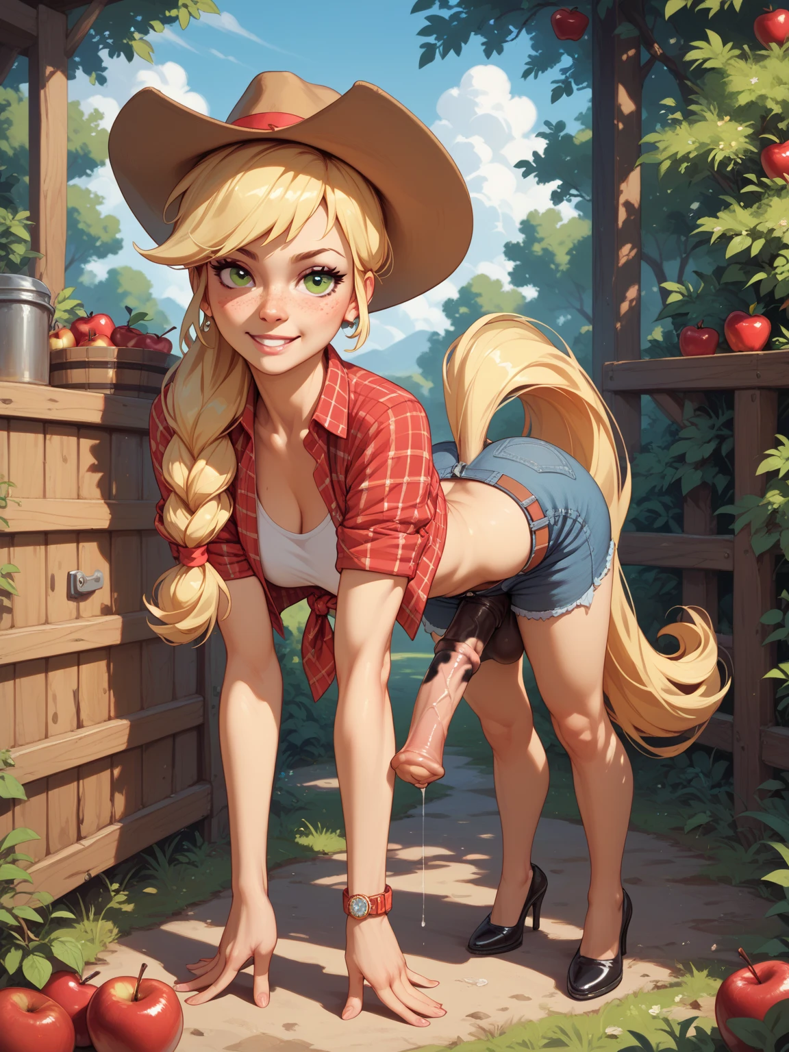 rating_safe, score_9_up, score_8_up, score_7_up, uncensored, small breasts, freckled skin, cute face, kid-like proportions, big eyes, (((long blonde hair, bangs, braided ponytail))), tiny young prepubescent texan cute cow-girl stumbling out of barn, standing o-legged on wobbly legs, hotpants slipped down, amazing green eyes, big cute traumatized eyes, crying, tears, devastated, pulled-down jeans-hotpants dangling around knees, gaping pussy dripping huge amounts of cum, suspenders, loose flanell blouse, small chest, farm background, shocked expression, white jizz running down skinny legs, cowboy boots, white puddle, dripping liquid, freckles, skinny bare cum-stained thighs, cum-stained clothes bukkake, puddle of white jizz, o-legged, spread legs