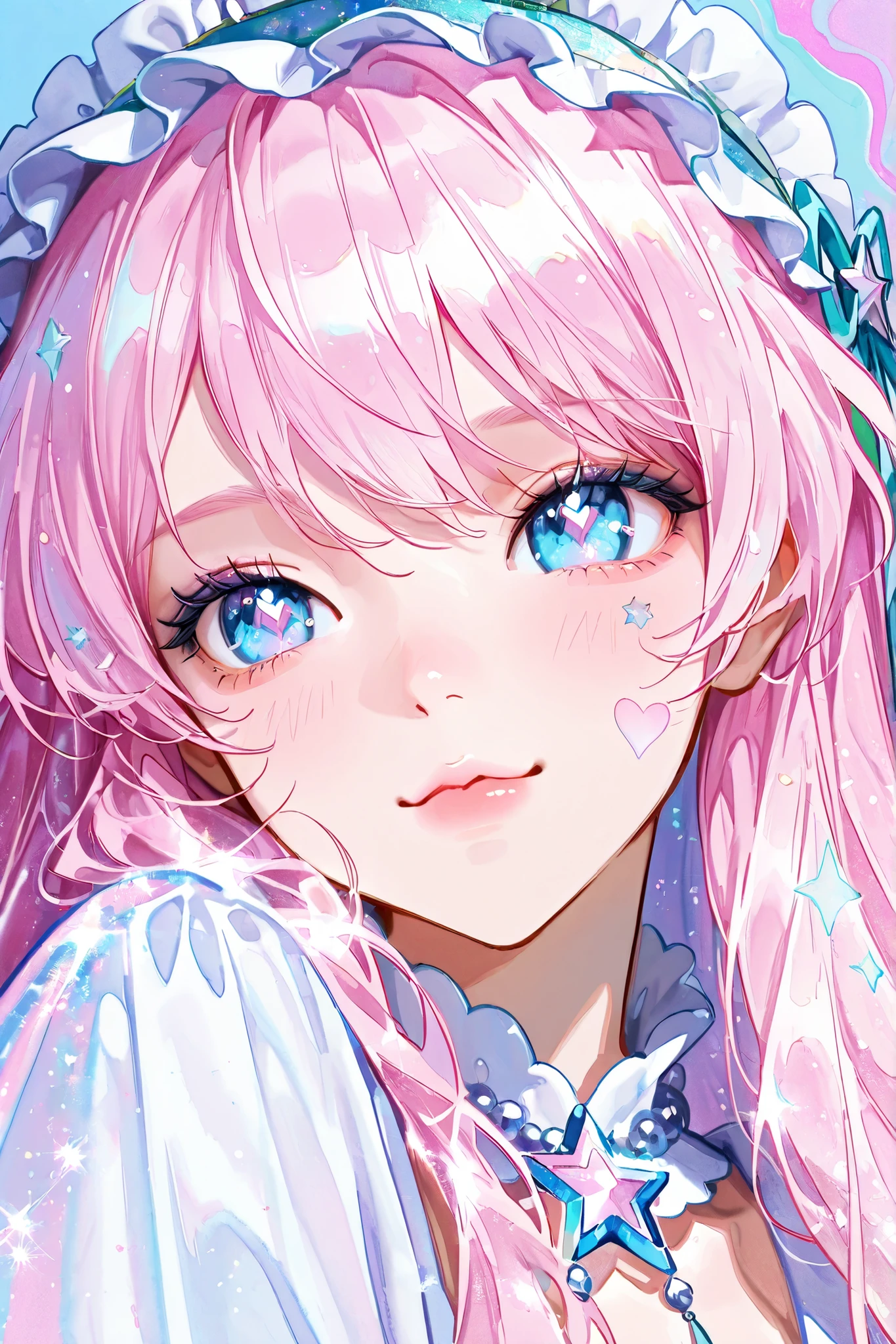 cute girl, Face Focus, kissy face, make up, Heart Effect, Star Effect , glitter effect, pastel effect, Mist Filter Effect , watercolor、 light tones 、cartoon,Long hair