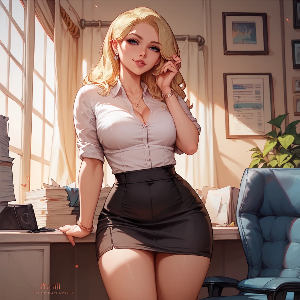 (Cinematic Digital Artwork: 1.3), High quality, masutepiece, of the highest quality, Super Detail, Illustration, [4K Digital Art]、(Moody lighting:1.2), depth of fields, Bokeh, 4K, a woman sitting in the office room, a white wall, a grey table, posters on the wall, sexy poses,
(((masterpiece))), ((best quality)), ((intricate detailed)), ((Hyperrealistic)), absurd res, milf, mature woman, perspective, highly detailed, illustration, 1girl, ((medium breasts)), perfect hands, detailed fingers, beautiful detailed eyes, long hair, nametag, CEO, (business outfit:1.2), open office shirt, cleavage, tight skirt, black choker, earrings, stockings, detailed background, bedroom, perfect eyes, seductive eyes, looking at the viewer, from front