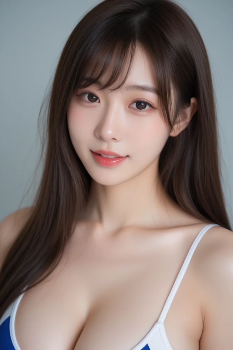 ((masterpiece: 1.4, best quality))+,(ultra detail)+, official art, unity 8k wallpaper, ultra detail, beautiful, high quality, Highlight your cute face, masterpiece, best quality, semi straight medium length hair, (brown eyes, brown hair), bust, looking straight ahead, laugh, Swimsuit model in pink and white pattern, (bust:1.3)