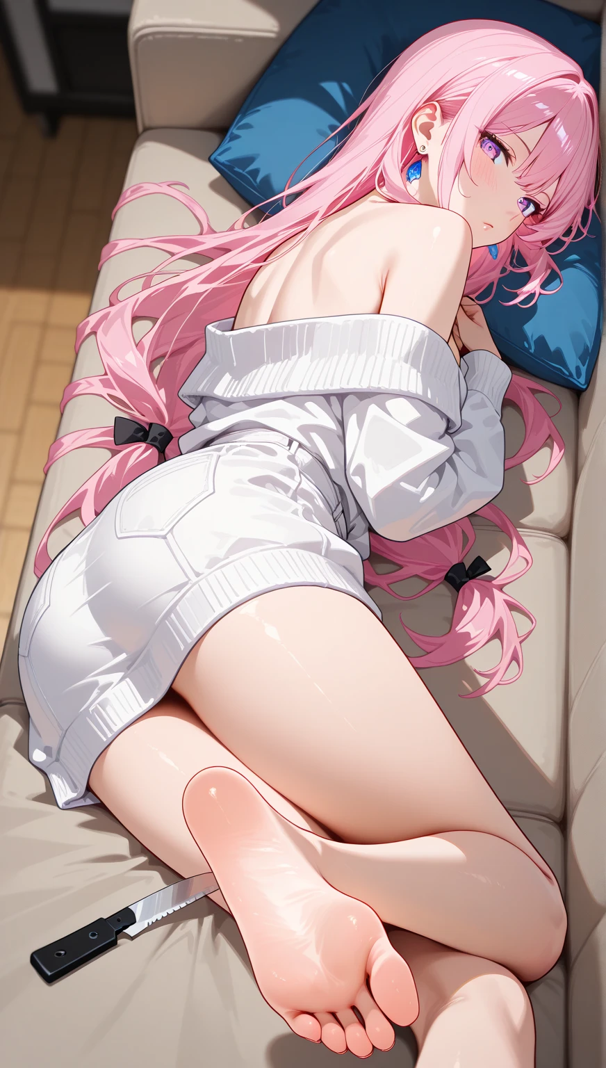 the night，darkly，A 10-year-old Japanese woman，Lie down in bed，Z-chest，Long pink hair reaches the feet,big pink eyes，Light pink miniskirt，White wet shirt，white stockings，Whitening skin，Show your toes，legs are open，Reveals pink lace panties