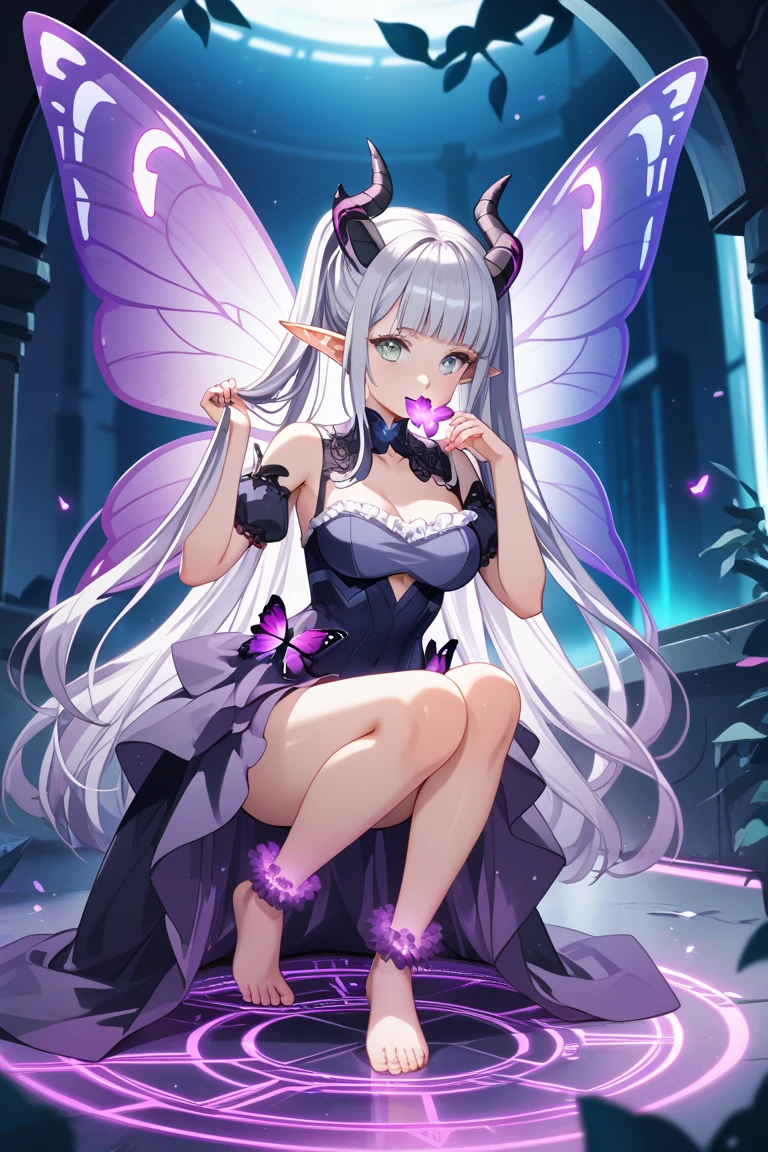 Masterpiece, Best quality, High quality, one anime girl, moth girl, crazy smile, pointy theeth, big black butterfly wings, Psychedelic, hight resolution, hightly detailed, ray tracing, butterfly antenna, white hair
