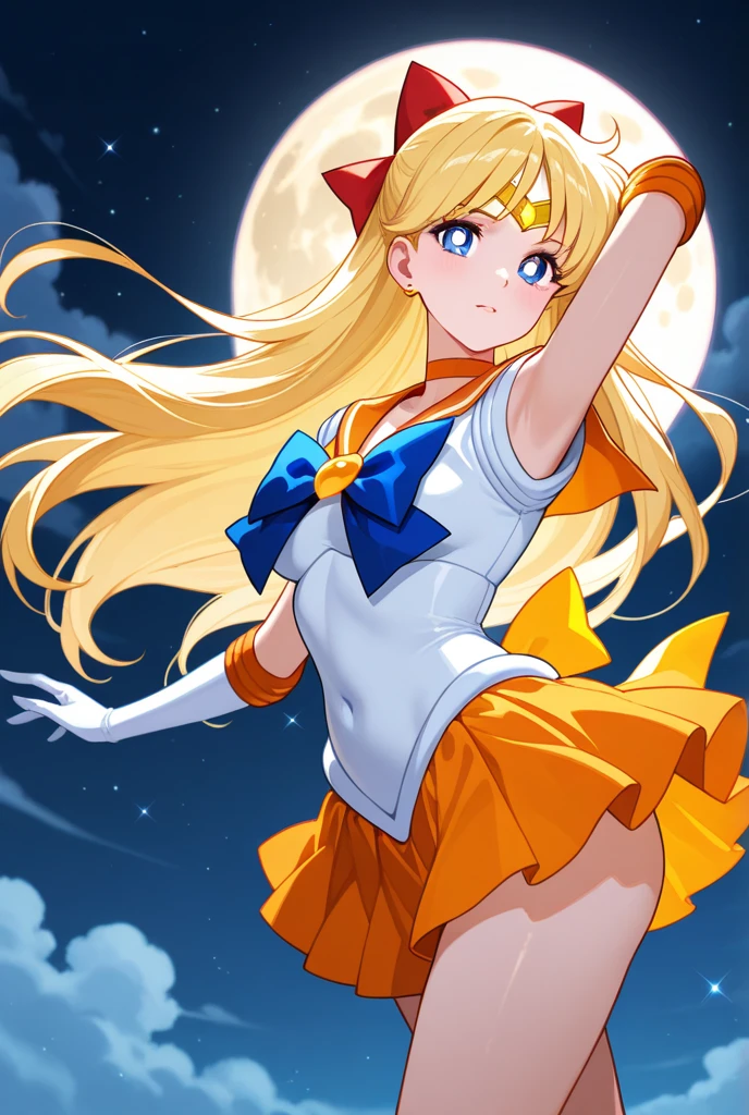 (obra de arte, Melhor qualidade:1.2), Sailor Moon,1 garota, sozinho,Cabelo loiro,cabelo longo,joia,todo o corpo,Cauda dupla,luvas brancas