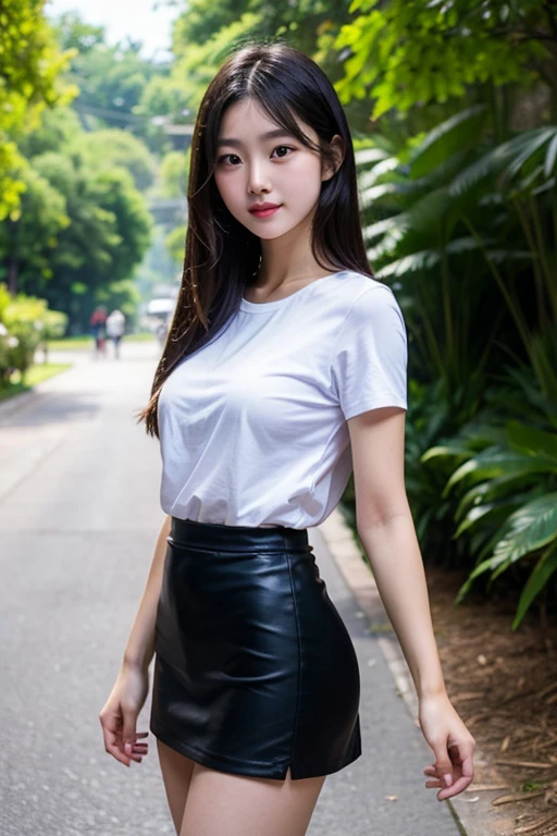 young,(mini skirt),T-Shirts,Teenage Girls,Delicate body, body,Delicate body,short,Black-haired,Twin tails,ponytail,Masseter muscle area、sottle Woman、shortcut、Natural color clothes、Natural look、highest quality、Ultra-detailed、High quality details、8k、autumn leaves:1.5、deep autumn forest、Tree leaking day、silence、Small breasts