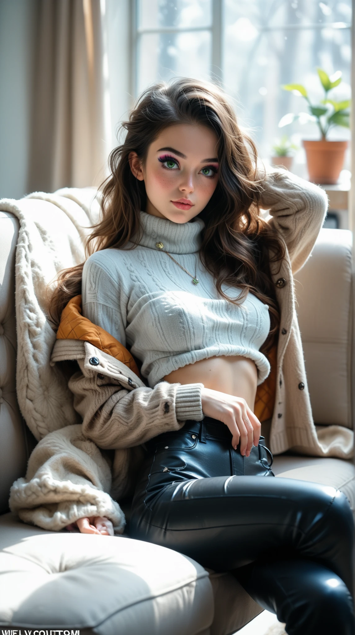 Winters,Snow Scene,Beautiful teenage girl,Lace-up pantyhose,Random Color,Long sweater,scarf,Depth of written boundary,Real Light,Sitting on the couch, Shiny silver high heels, Place your hands behind your head,Ray Tracing,Overclocked Renderer,UE5 Renderer,Surreal,Highest quality,8k,masterpiece,Super Fine,detailed,Correct Anatomy,Huge ,Huge breasts,Spread your legs,Leg spread, Showing panties,Panties exposed