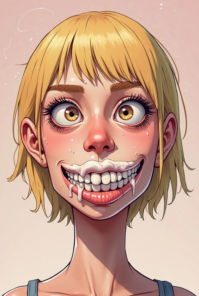 Fille, mouth closed, Grand sourire, yeux verts flashy, Cils longs. There is ugliness in beauty, But there is also beauty in ugliness. In the style of Adrian Ghenie, Esao Andrews, Jenny Saville, Edward Hopper, surrealism, Dark Art par James Jean, Takato Yamamoto, Minimalisme inkpunk. Tim Burton. Corpse Bride. Addams Family.