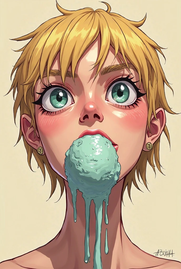 Profile of woman in ponytail eating thick sausage with white sauce, sucking, close-up of face, profile, white liquid dripping from mouth, drooling, crying, blonde hair
