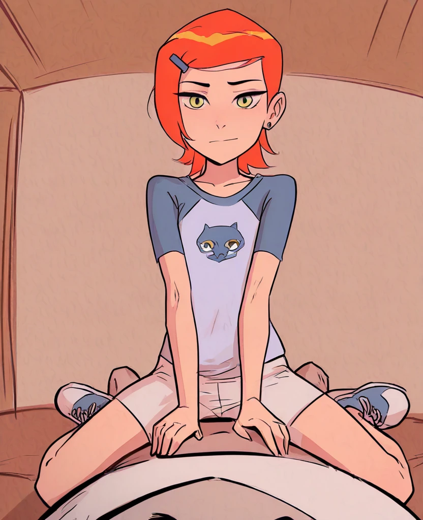 starfire, kneeling, purple skirt, purple top, midriff, purple thigh boots, red hair, skinny, teen titans, room, cartoon, ohxw, green eyes, blowjob, shota-boy, bare shoulders
