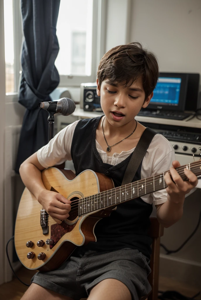 a boy Height,1.80.
Swarthy. Curly hair.
Contemporary clothing style.
Green eyes.
This character, enjoys music, of various types and plays guitar, violin and piano.