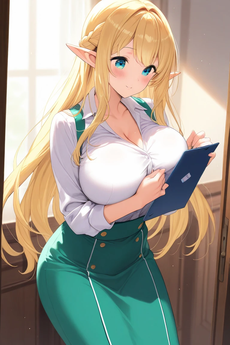 high quality,4k, anime girl,blond hair,elf blush,breast groping from behind,inverted nipples,cum on breasts,cleavage