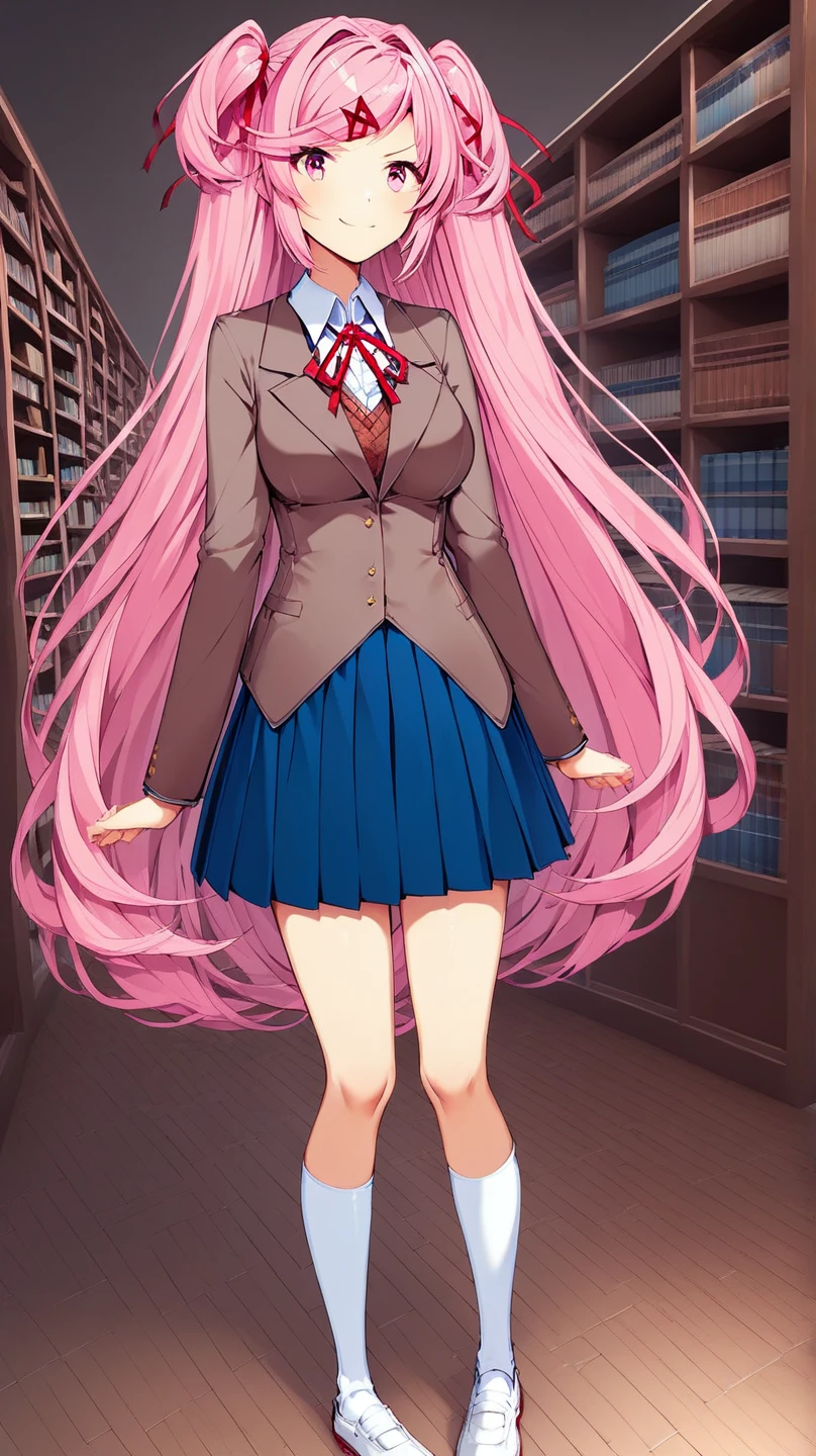 shikimori, slim legs, navel, short skirt, standing, beautiful eyes, blue eyes, happy, school uniform, library, pink hair, long hair, thigh high socks