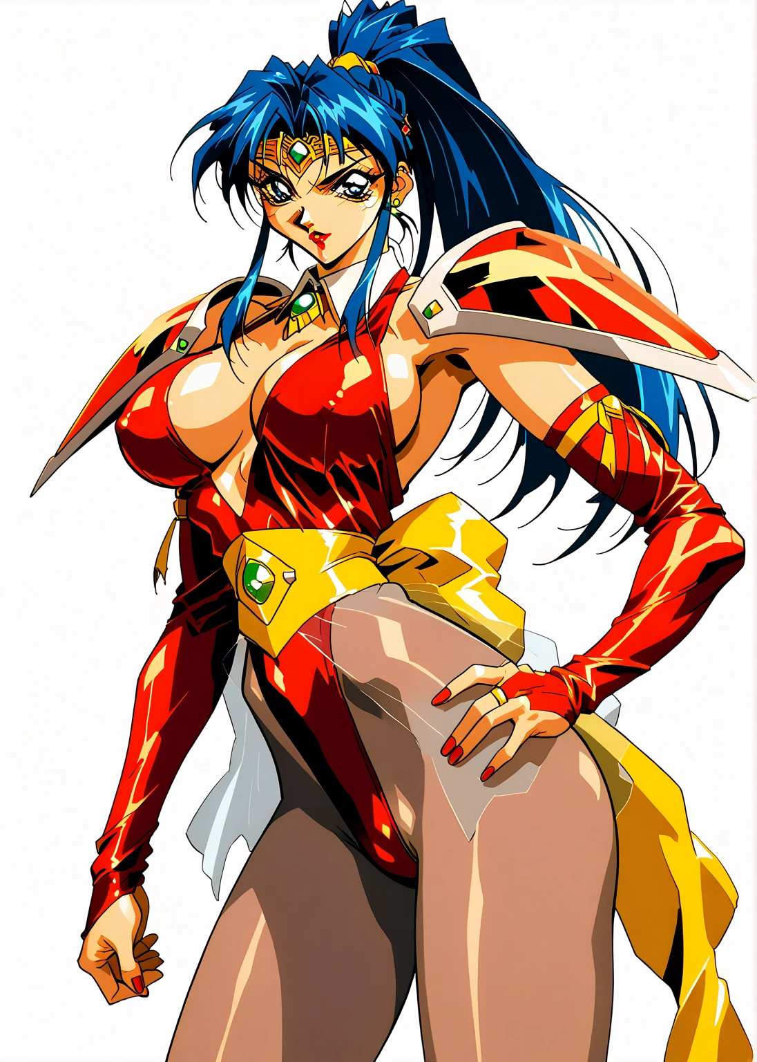 masterpiece, best quality, 1girl, Kagome Higurashi, Kagome Higurashi as a Samurai Geisha, long black hair, brown eyes, 2, Japanese mature female, matured face, big breasts, cleavage, she's looking directly at the camera with a (fierce, dangerous, seductive) gaze. She stands tall while donning the formidable gold and red armour plated traditional armor of a samurai. Holding traditional samurai katana sword. Her gaze is both alluring and fierce, as she holds the sword with a delicate yet deadly grip.
