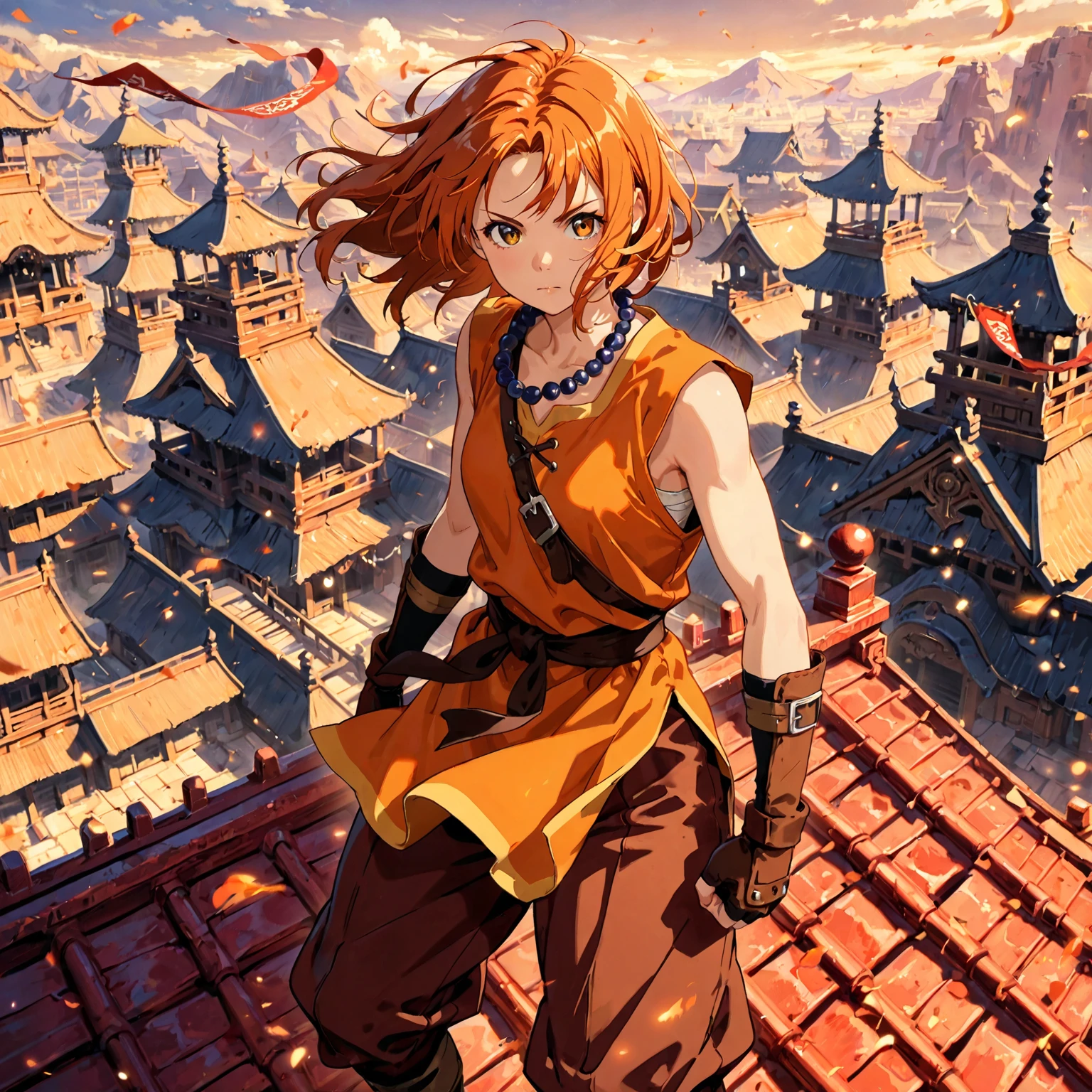1female, solo, bald, sleeveless orange tunic, brown wide-legged pants, beaded necklace, fingerless gloves, windy rooftop with banners, high temple, fierce gaze