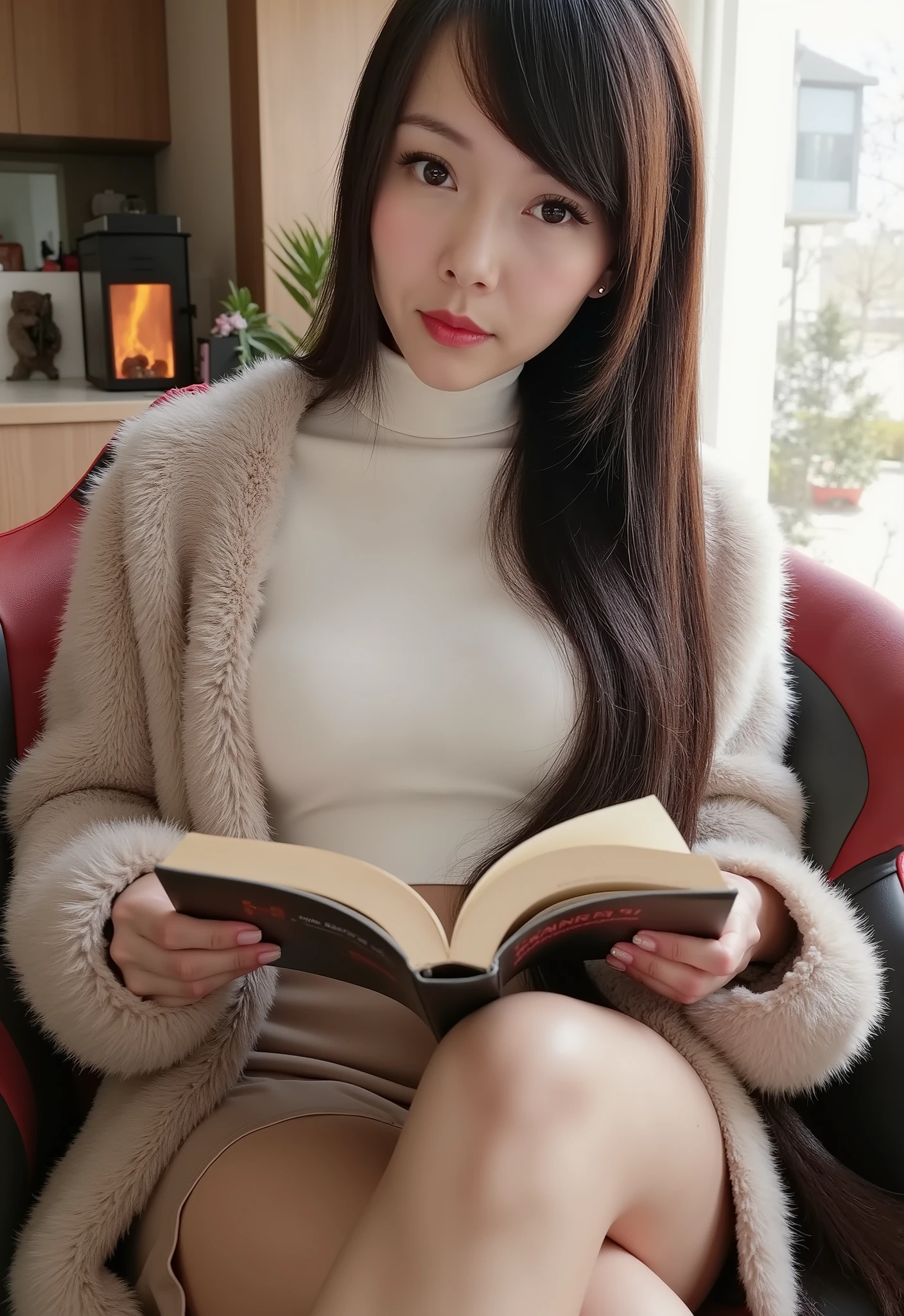 earrings、white heavy turtleneck sweater 、 Beige fluffy flared skirt 、 Reading 、 Attractive,, obscene, mature women, Fascinating body lines , (( Exquisite Facial Features , cosmetic、 pornography)), Dramatic Lighting , realistic , 8,000, cinematic composition , dark and melancholy atmosphere , Dramatic Shadows , intricate and detailed patterns , 30 Megapixels , Super Detailed Photos , Contrasting Light , Gloomy tones ,Delightful Colors , Depth comparison , is super realistic 、 pink lipstick、 Sitting by the window reading a book 、 A warm room、 Christmas tree、vintage fireplace 、 full body view、Drawing Composition 、 cinematic composition、Focus on books 、 legs crossed、 attractive thighs