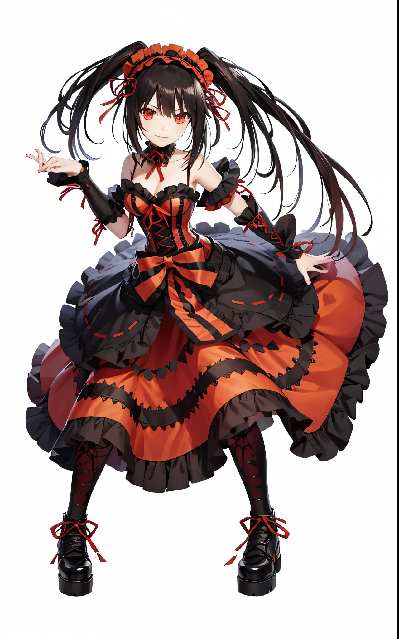 masterpiece, (detailed, highres, best quality), 1girl, <lora:TokisakiKurumi:1> KurumiBase, (clock eyes), heterochromia, twintails, hairband, red dress, frills, detached sleeves, frilled choker, full body, grey background, sheath, sheathed, Front view, contempt