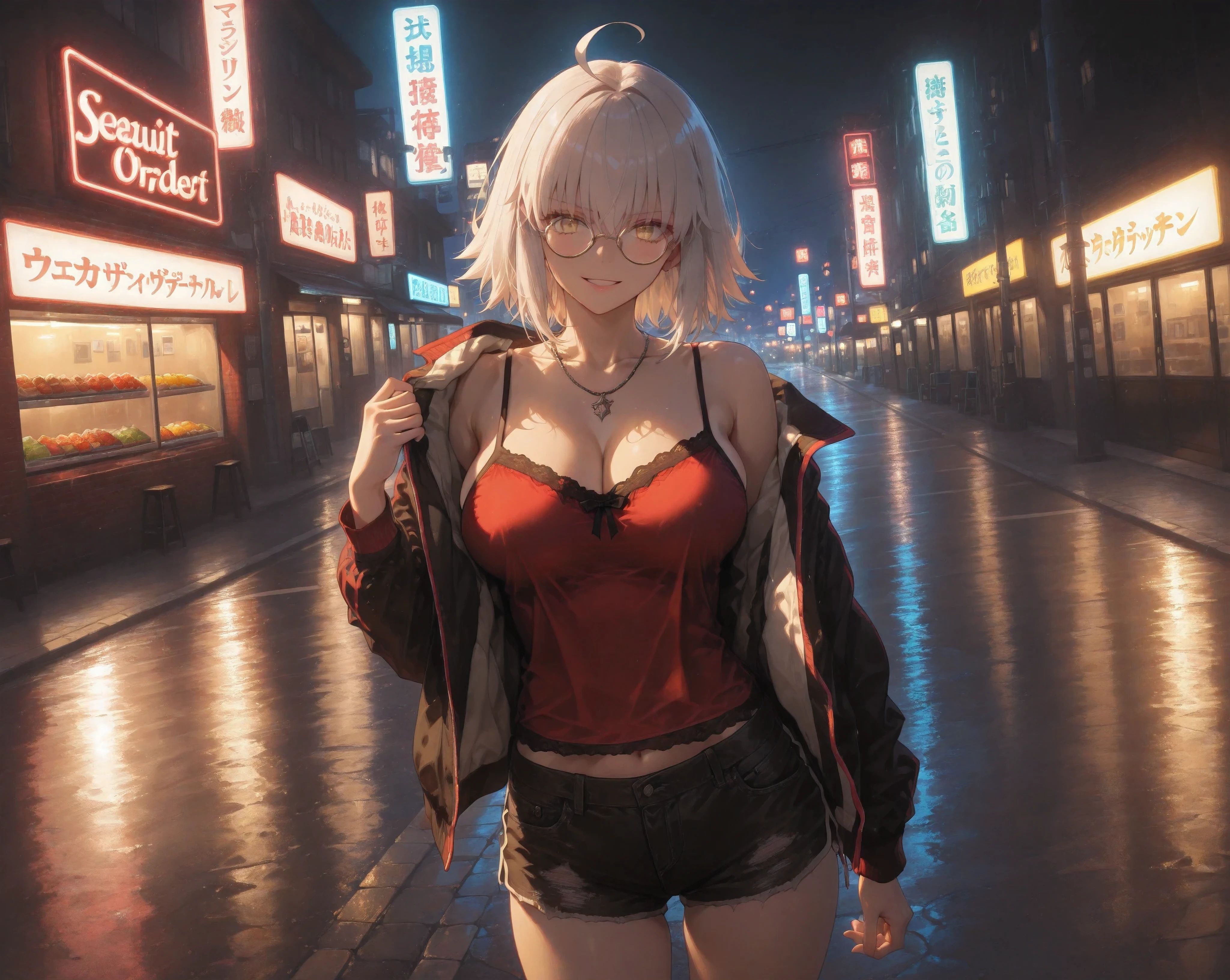 (NSFW:1.1), A Realistic image, extremely sharp focus, crisp details, high resolution, 4K, 8K. (correct anatomy and detailed hand). A wide angle shot, front view, a detailed, high quality rendering of Jeanne D'Arc Alter from Fate Grand Order. She wears beautiful, detailed round eyeglasses, she wears a camisole, varsity jacket and shorts. She has a beautiful big breasts. She has a beautiful face details, a beautiful detailed eyes and a real human skin, her expression is happy and she looks at the viewer. Night, standing in middle of the street. The street is full of food stalls, dramatic cold soft light shines from neon sign casting soft natural shadows, cold and warm color pallete. the background has highest detail, detailed background and depth of field.