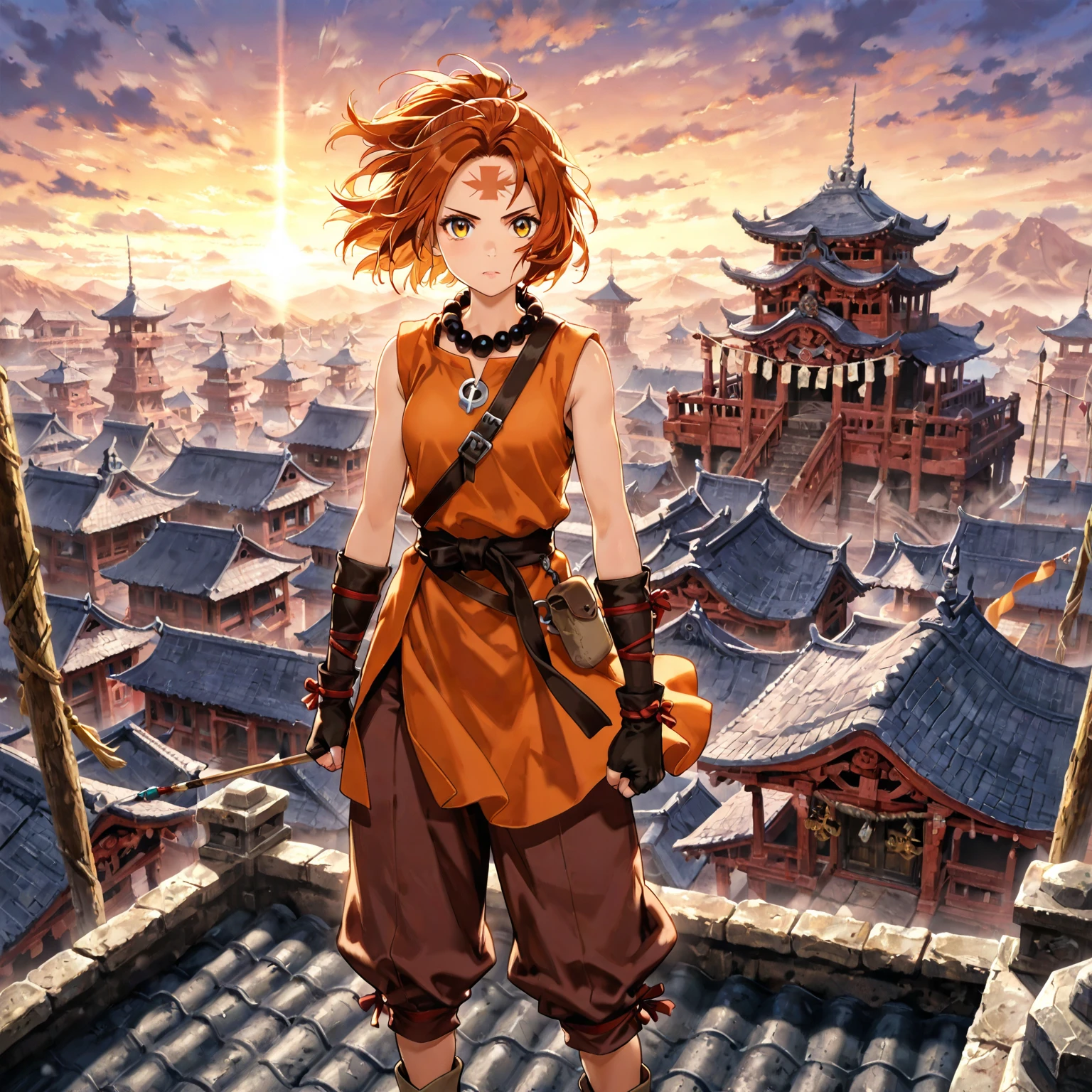 1female, solo, bald, sleeveless orange tunic, brown wide-legged pants, beaded necklace, fingerless gloves, windy rooftop with banners, high temple, fierce gaze, blue-arrow on forehead