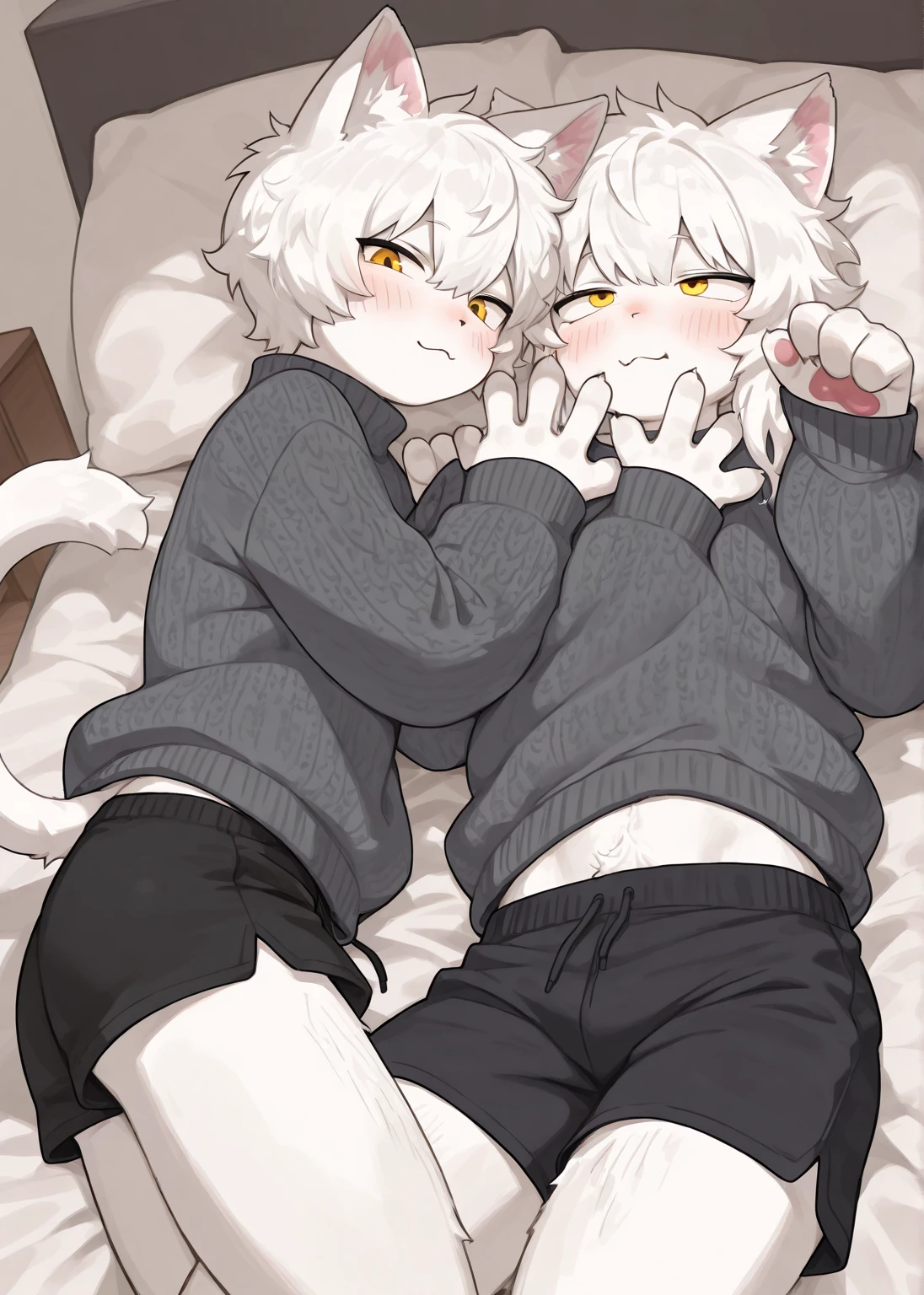 Grey-haired man Short Hair Has white cat ears and a tail Brown eyes Shota cute Gay He is wearing a white hoodie on his upper body. Clothed sex nude Have sex with a black man penis semen stickiness In bed at home(Riding on someone) Anal Sex Being raped Pleasure drunkenness Excessive sweating Intense ejaculation Clear ergonomics Being creampied Blushing orgasm High resolution