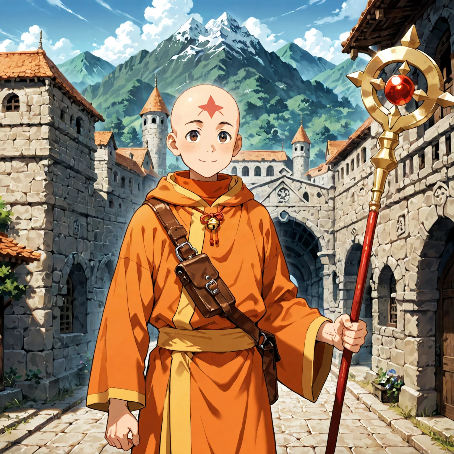 1male, solo, bald, orange monk robe, yellow sash, leather prayer satchel, staff with wind-bell, stone archway with carved symbols, mountain monastery, smiling gently blue-arrow on forehead