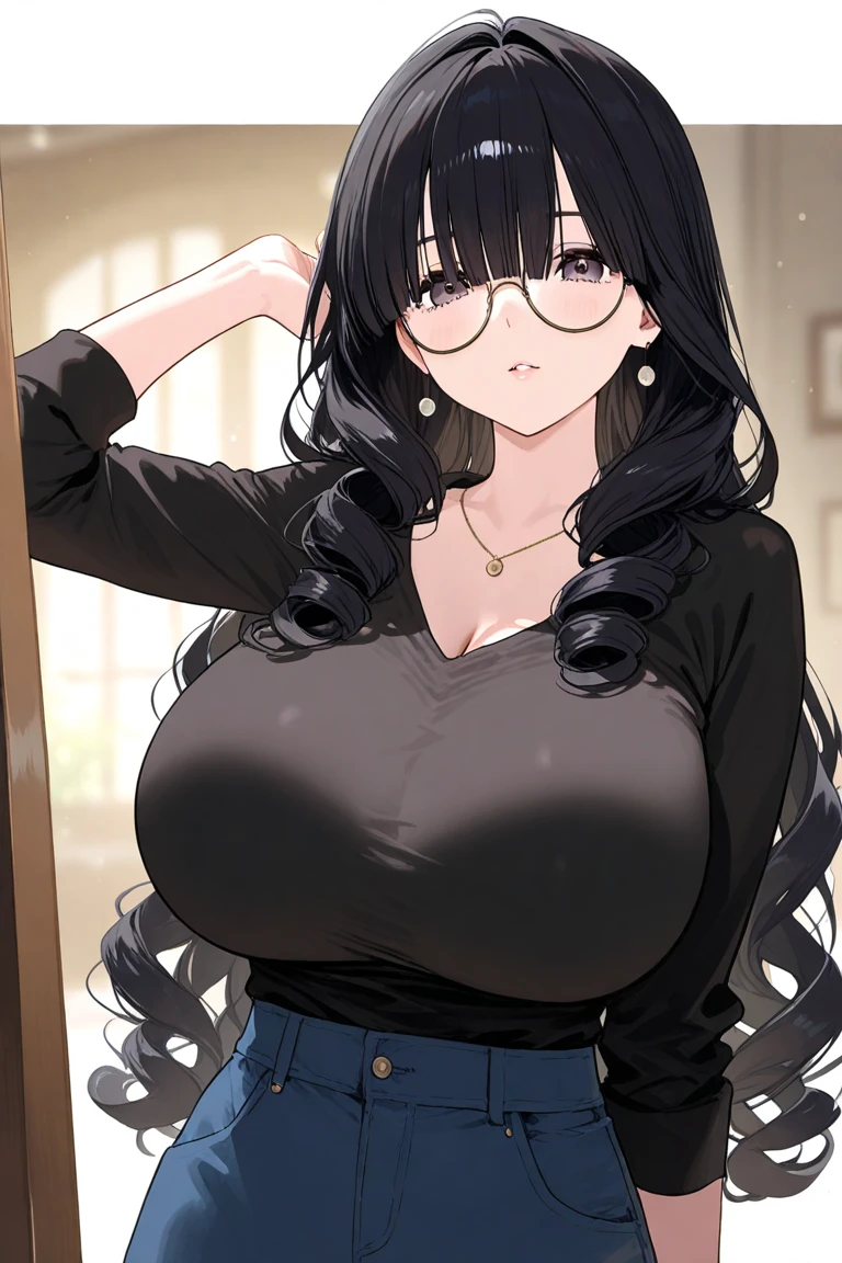 1 milf, long black hair, very big breasts, wearing glasses, smiling lewdly, blushing