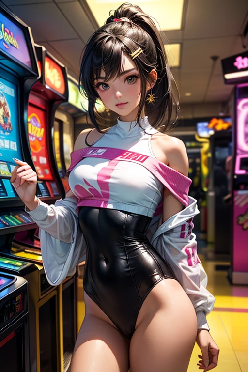((masutepiece)), Best Quality, absurderes, ultra-detailliert, Holographic, Cowboy Shot, Dynamic Pose, Golden ratio, Super cute girl, Mature girl, Idol girl, Super beautiful asian girl with very beautiful purple glowing eyes, Beautiful shiny brown multicolored hair, High Ponytail, Nice and sexy body, Slim body, Perfect body, Wearing a super tight anime pattern leotard, Anime Print Super Tight Off Shoulder Short Sleeve Crop Top, Super aesthetic transparent mini jacket, beautiful hair decoration, Pink Jordan Tennis, Being filmed in a dance arcade game