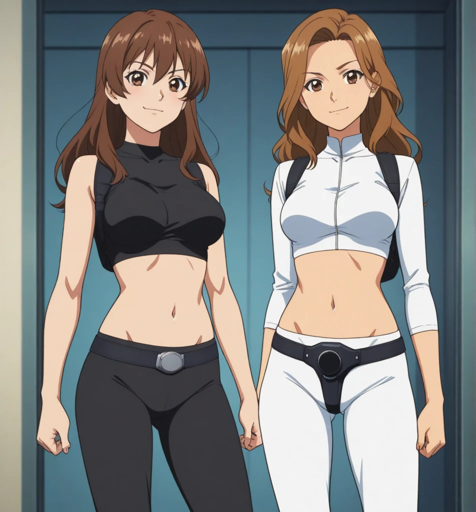 orihime inoue, mitsuri kanroji,2 characters 2 female, multiple characters, playing golf,both sexy,both perfect body,both fullbody,both smiling,both looking at viewer , both white skirt,both white heels,both white stockings,both wear topic which cover breasts and show abs,abs,shirt
