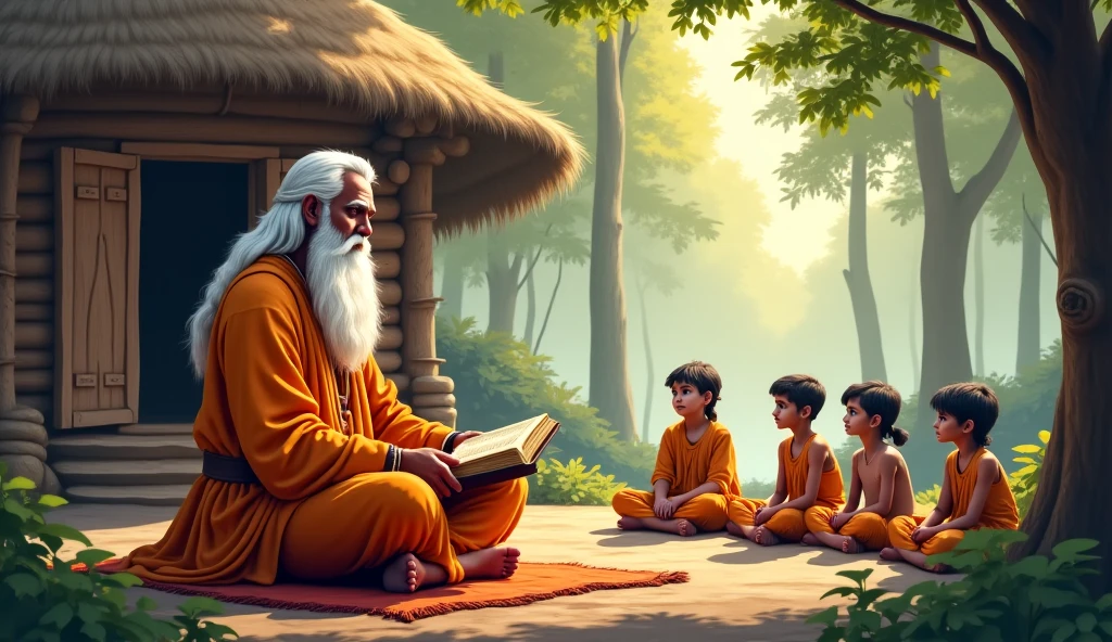 image of an ancient indian setting there a sage is teaching students something in an ashram next setting called as Gurukul outside the his house also show the guruma make the image more paining vintage than realistic we don't want it can be in the form of a painting the students are all boys and are sitting make the period 1500 bce