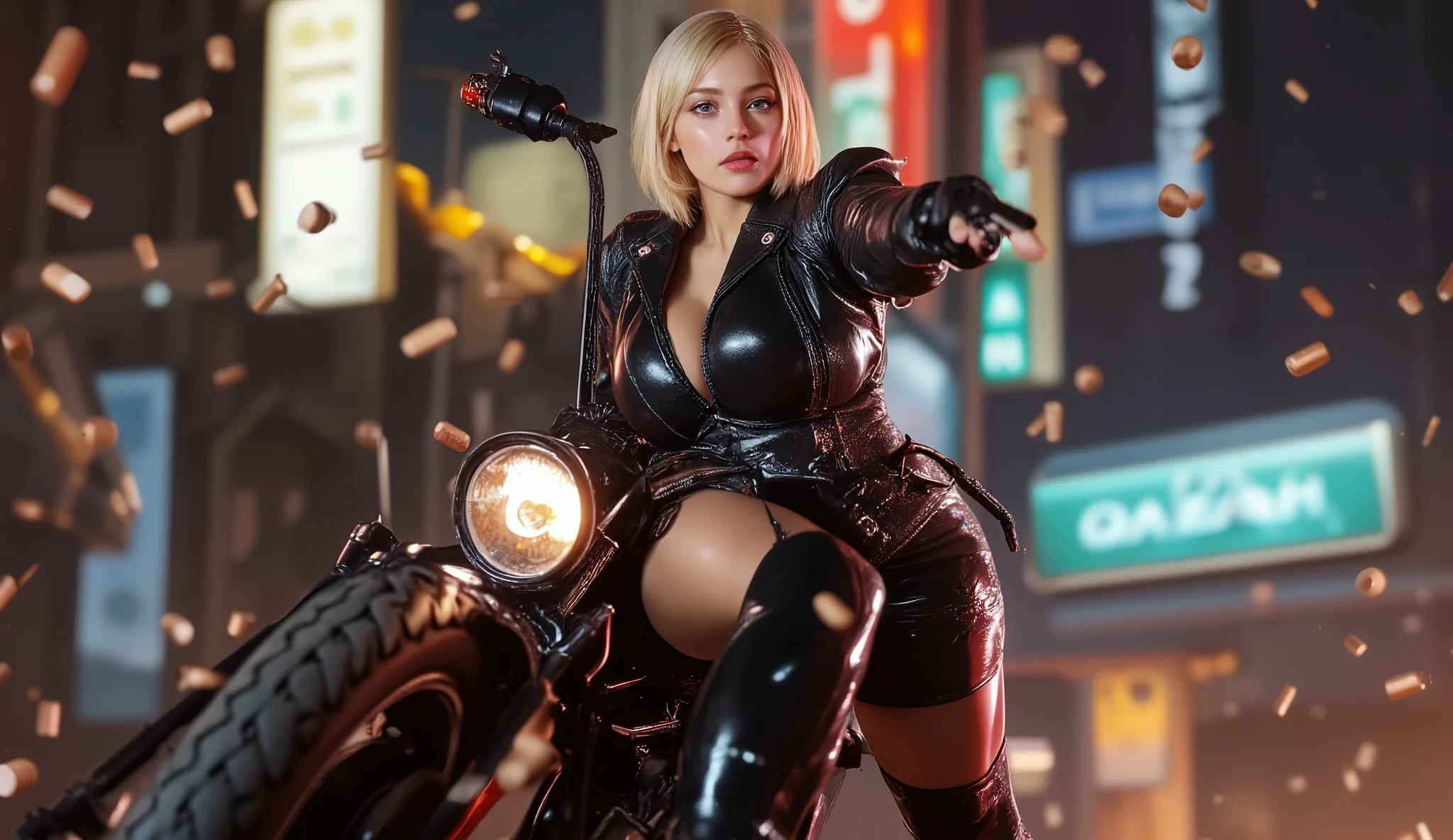 ((best quality)), ((masterpiece)), (detailed), 1girl, 8k_wallpaper, extremely detailed eyes, extremely detailed body, (large masterpiece digital art), ((perfect anatomy huge chest)), (intricate details:1.3 ), (ultra-detailed:1.3), (sharp focus:1.3), (natural lighting:1.05), (best quality:1.4), high quality, expressive eyes, full body, tall girl, detailed face, beautiful face, perfect face, detailed ((blonde hair)), (gold eyes), ({dark skinned female}), gigantic breasts, thick thighs, strong arm and leg muscles, strong abdominal muscles, {{the whole body is covered with yakuza tattoos}}, ((yakuza tattoo model Yerin)), Korean women, wearing a modern short black cloth jacket with rolled up sleeves, (wearing heavy gold colored steel armor), a wide red leather belt with blue steel yarn, steel boots, steel thigh guards, a walkie-talkie attached to his belt, a hiking backpack on his back, riding a motorcycle through Seoul at night, cyberpunk,