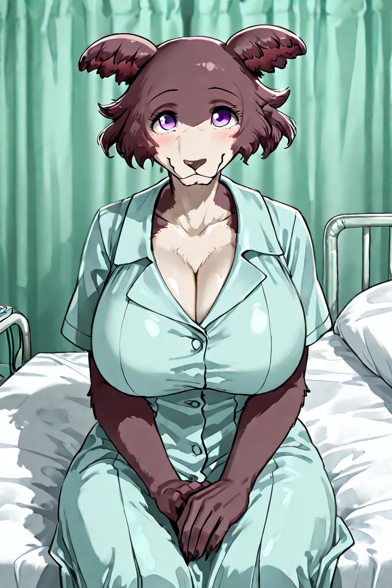 tired expression, 1girl, anthro, furry, fur, fluffy fur, siamese cat, cat girl, hospital background, white hair (brown highlights), short hair, full body, (19 years), big breast, thicc thighs, solo, laying over a long table, (metal table), closed eyes, nude, brown nipples, pussy, (straight arms), (straight legs), (straight pose), detailed, score_9, score_8_up, score_7_up, score_6_up, score_5_up, score_4_up