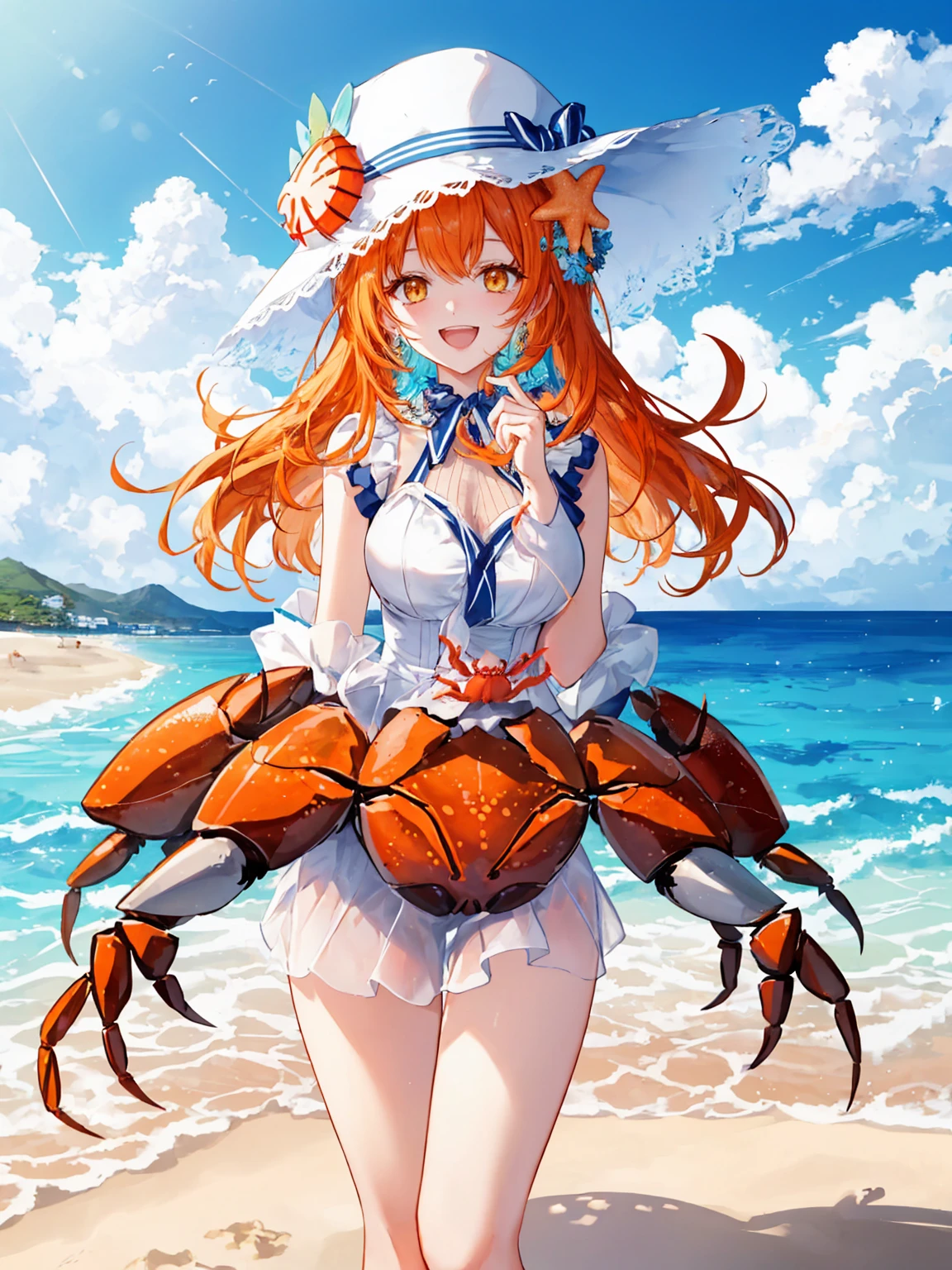 (((masterpiece))),(((bestquality))),((ultra-detailed)),(illustration),((anextremelydelicateandbeautiful)),dynamicangle,floating,(beautifuldetailedeyes),(detailedlight) (1girl), solo, floating_hair,glowingeyes, short hair, oranges, shrimp, life ring, ocean