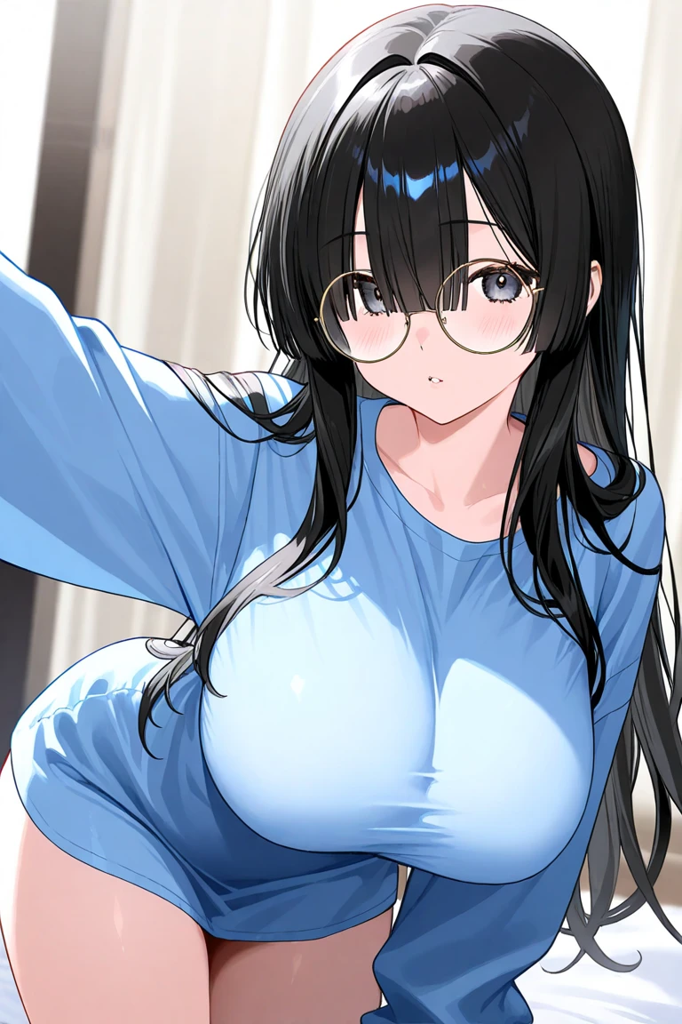 Black Hair、Long Hair、Glasses、Slanted Eyes、Big Breasts、blue eyes、Ｔshirt、pants、high resolution