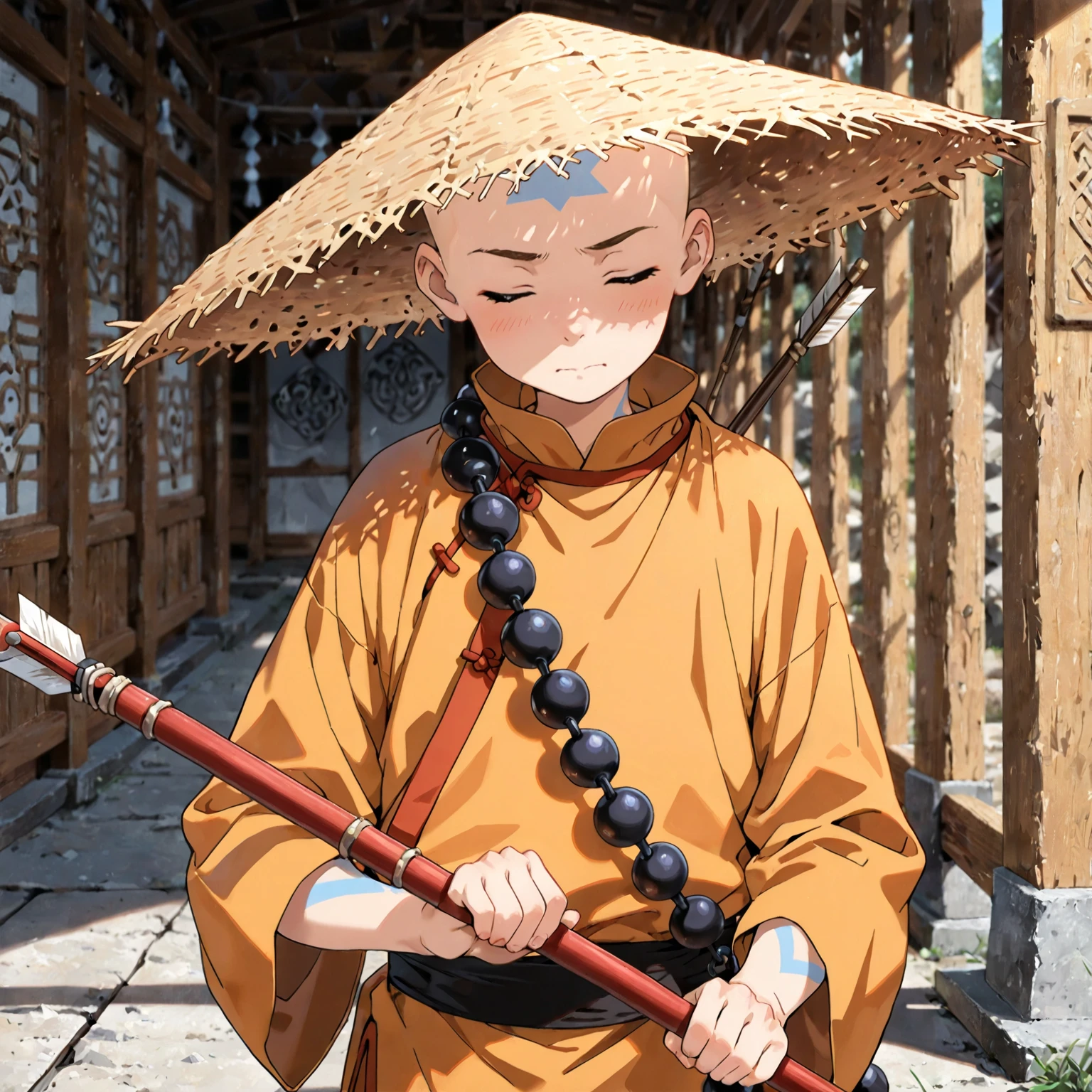 (masterpiece, Highest quality:1.2), (1boy), young adult, tall, medtiating ,solo,monk beads, bald, Straw Hat, Eyes closed, holding a bo staff, Orange and yellow Chinese monk clothing, Air temple background, , winds flowing pale blue forhead arrow tattoo, winds around him.