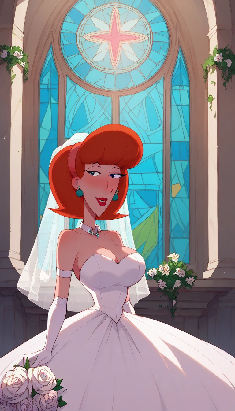 ((work of art)), ((best qualityer)), (detailded), perfect, standing alone, peach, beautiful woman in wedding dress, bridal veil on head, Delicious lips, long hair, Huge breasted, deep decolte, Huge breasteds, sexly,