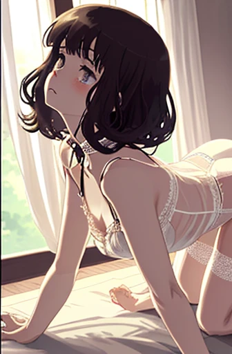 Asian boy bride gown thong embarrassment anime, back view over bed ass