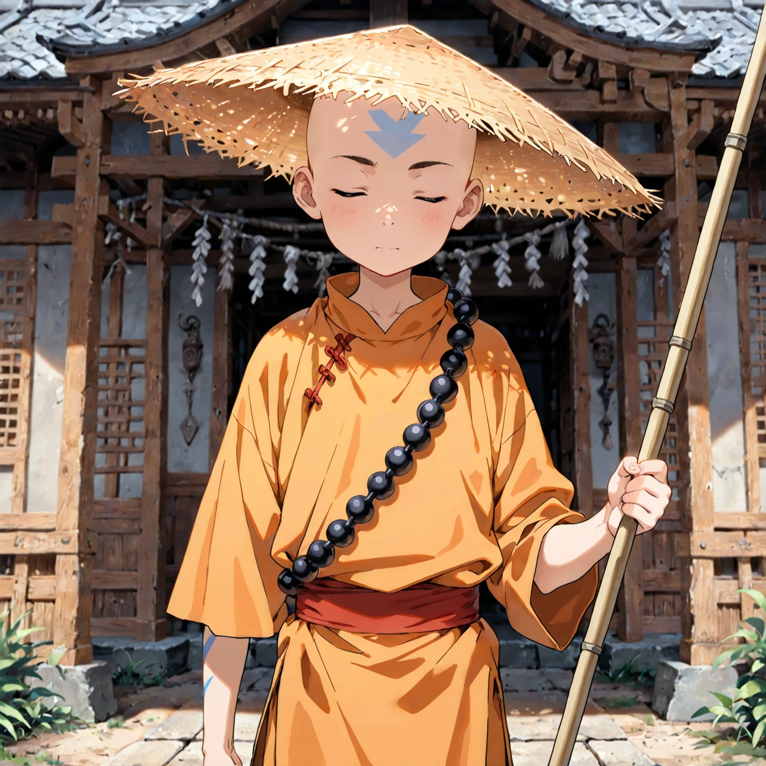 (masterpiece, Highest quality:1.2), (1boy), young adult, tall, medtiating ,solo,monk beads, bald, Straw Hat, Eyes closed, holding a bo staff, Orange and yellow Chinese monk clothing, Air temple background, , winds flowing pale blue forhead arrow tattoo, winds around him.