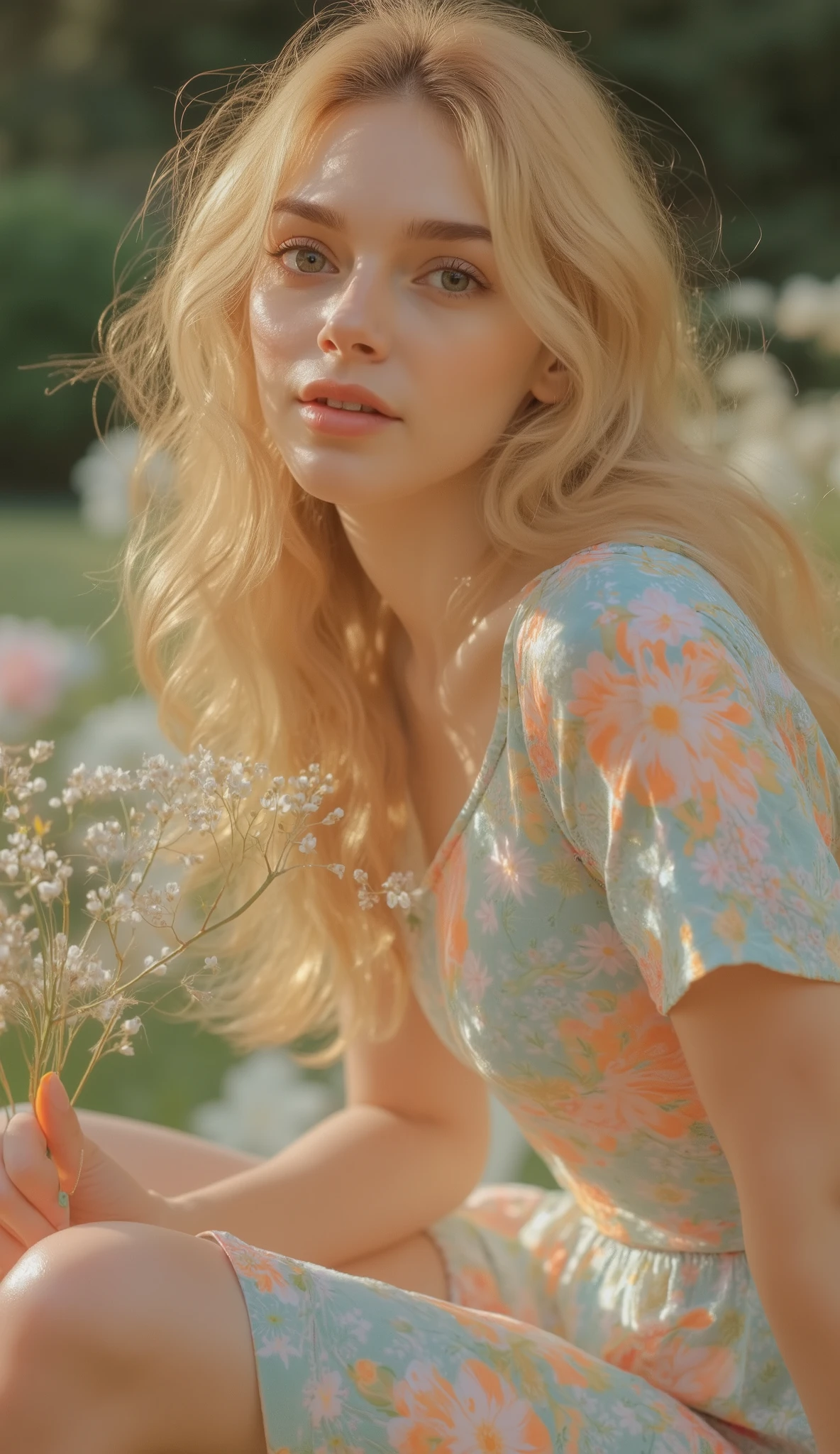 30-year-old woman with long hair , wavy blond hair , She's wearing a casual dress in pastel colors, Sitting on a lawn in a beautiful and flowery garden. she has white skin, brown eyes, perfectly trimmed nails , and a slender silhouette weighing 60 kg . She's holding a bouquet of flowers and smiling. The image is a full body 4K 3D photo.