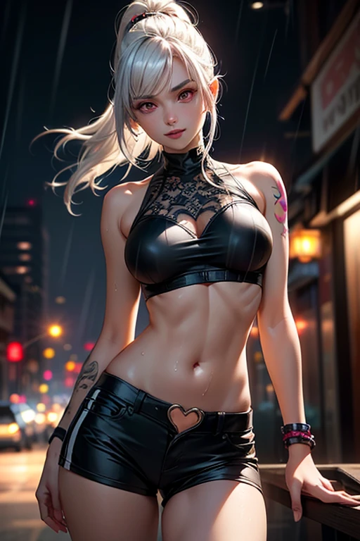 (8k,1080p,realistic skin texture,realistic,masterpiece, best quality,high-res,HDR:1.5), Harley Quinn,crazy,ear pendants,neck lace,((white skin:1.2)),((tattoos:1.2)),((makeup:1.4)),((evil laughing:1.4)),parted lips,beauty,delicate face,beautiful face,perfect face,shiny skin,long eyelashes,(((smoky eyes,eye-shadow:1.3))),((twintails)),((white hair,blue pink white highlights hair:1.4)),((black coat,white tank top:1.3,short shorts,fishnet thighs stockings:1.2))),(torn clothes:1.2),clawed hands, bright eyes,((red lipstick)),D-Cup breasts,slim waist,wide hips,bubble butt, ((in the Gotham city,ruined city,high detailed background:1.2)),((explosion everywhere:1.3)),(((warfire everywhere))),Helicopters flying in the sky,bright lighting,bright colors,film filter,alluring,sultry pose,dynamic shot,((dirty on skin)),labret
