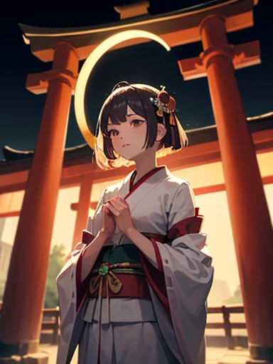 (full moon and girl, kimono, tsukimi dango, looking at the moon on the porch)
As the full moon twinkles in the night sky, a young girl in kimono sits on the porch, quietly looking up at the moon while holding a tsukimi dango in her hand. The shades of her kimono reflect the moonlight, making her even more beautiful in the quiet night. The full moon is large in her eyes and the silence of the night is pleasant. The bamboo grove in the garden rustles in the wind, and a peaceful moment flows through her mind.