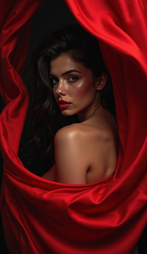 beautiful woman,long red satin dress,translucent,vey long,red,beautiful detailed eyes,beautiful detailed lips,extremely detailed eyes and face,longeyelashes,bondage,sexual,erotic,provocative,submissive,alluring,dominant,dark background,studio lighting,hair flowing,curves,body language,sensual,feminine,endless legs,seductive,confident,empowered,subtle lighting,colorful,boudoir photography,high contrast,vibrant colors,soft focus,tape bondage