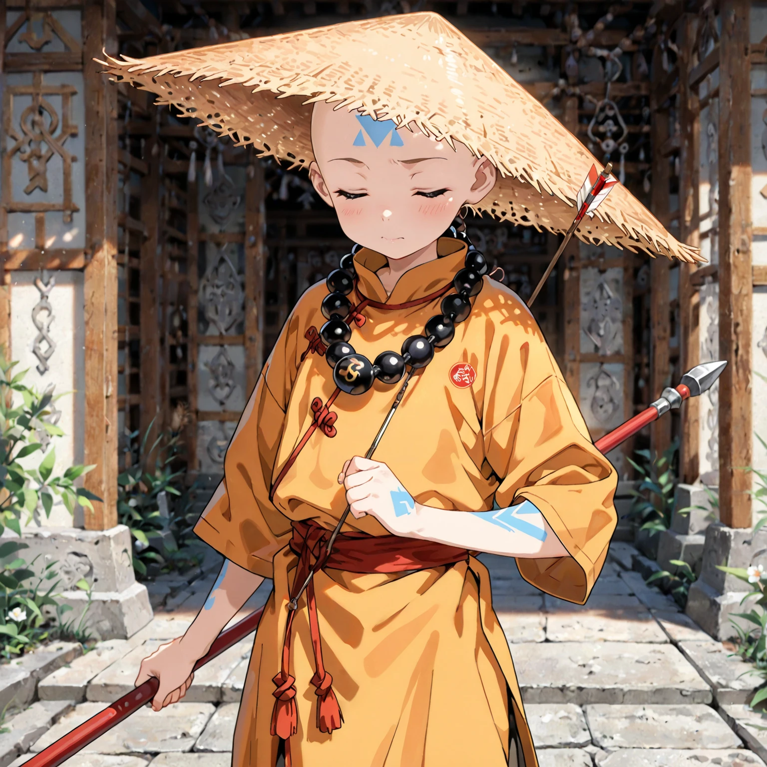 (masterpiece, Highest quality:1.2), (1teen), young adult, tall, medtiating ,solo,monk beads, bald, Straw Hat, Eyes closed, holding a bo staff, Orange and yellow Chinese monk clothing, Air temple background, , winds flowing pale blue forhead arrow tattoo, winds around him.