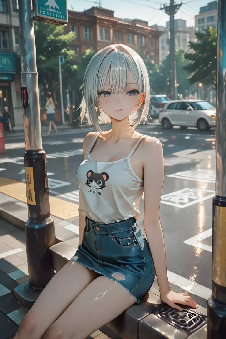 1girl,tank top, hot pants, boots, transparent dress, smile, Tokyo, inner color, short hair, puddle, masterpiece, best quality, ultra high detailed illustration, detailed beautiful face