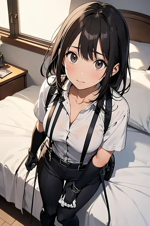 1 female, , high quality, masterpiece, Ultra-high resolution, , Cinema Lighting, , , And the suspenders with the cranes flying Moderate breasts Small face holster Lying in bed Looking up Sweat belt summer 脇Sweat Black Hole Gloves suit shirt Black jacket Black trousers Leg Links ズボンにbelt holster Hands behind your back Anxious expression Looking up Anxious face, legs apart