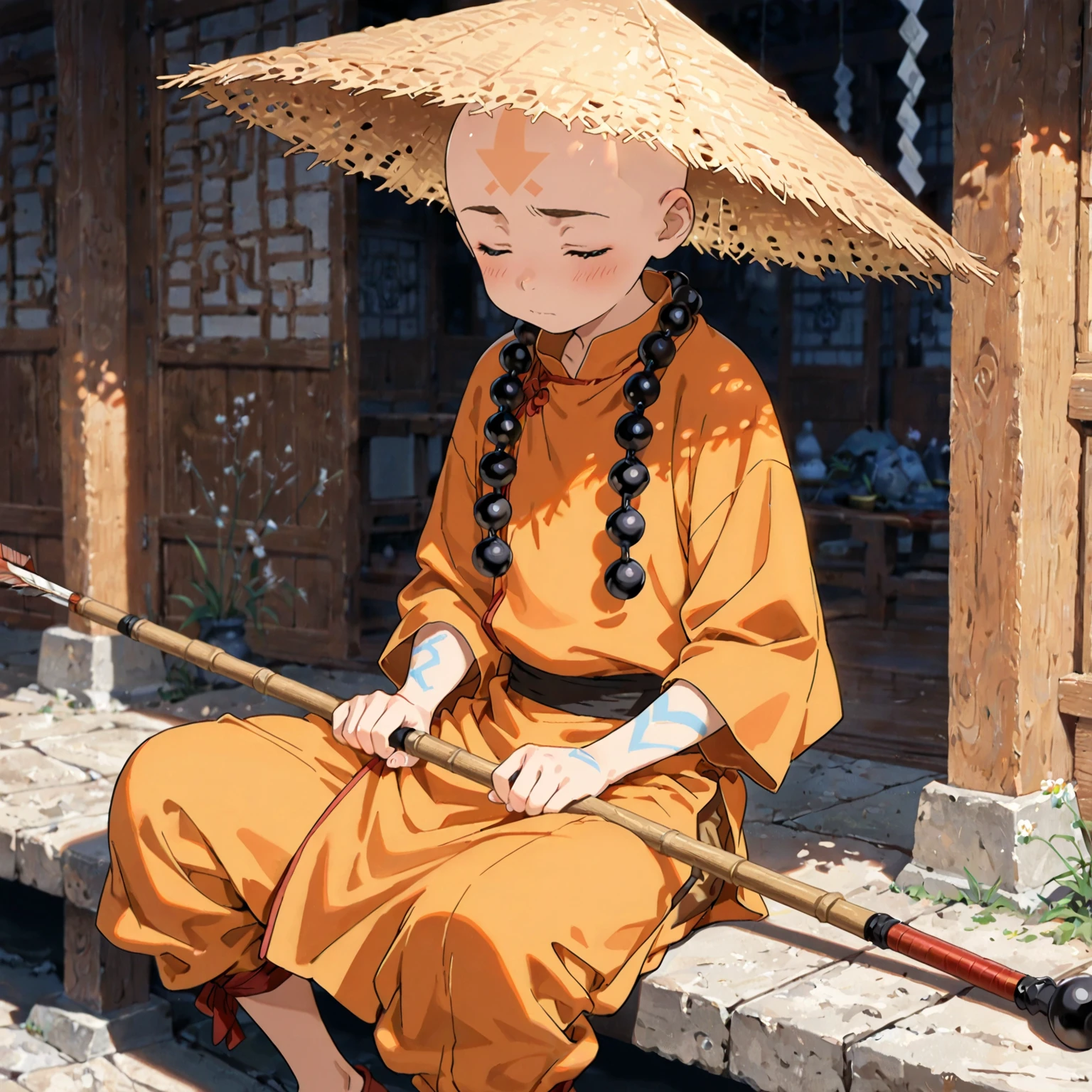 (masterpiece, Highest quality:1.2), (1male), young adult, tall, medtiating ,solo,monk beads, bald, Straw Hat, Eyes closed, holding a bo staff, Orange and yellow Chinese monk clothing, Air temple background, , winds flowing pale blue forhead arrow tattoo, winds around him, sitting down.