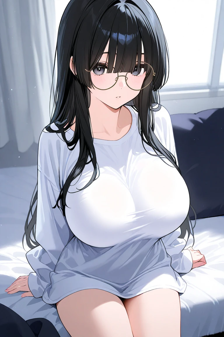 15-year-old girl with a pure face, big breasts, super big breasts, obesity, fair skin, erotic pajamas, transparent gauze, lace lace, glasses, milk running from the corners of her mouth