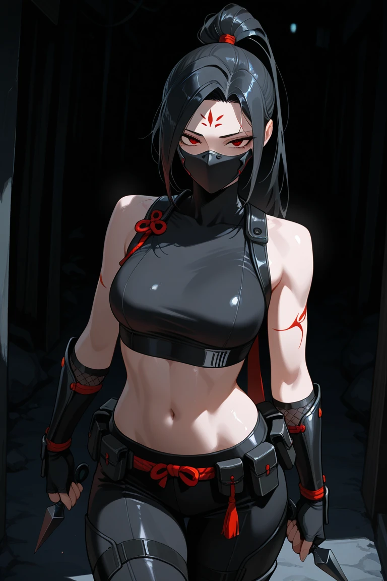 captive, ninja, ponytail, black mask, big breasts, torn clothes, underwear, restrained, angry, rope, scratches