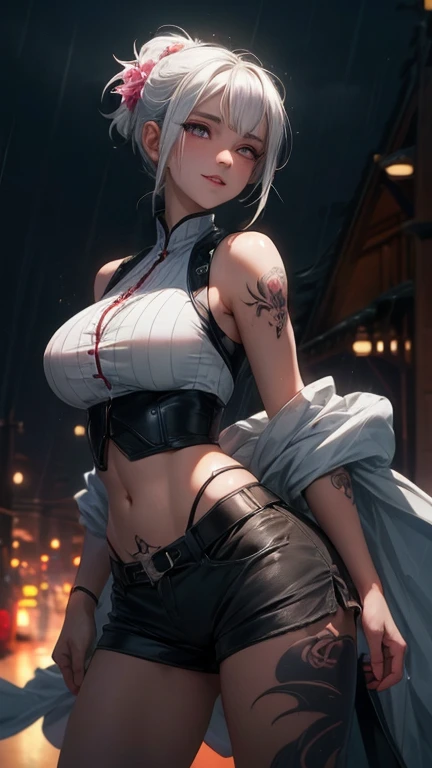 realistic, 1girl, white hair, purple eyes, beautiful smile, big breasts, glowing eyes, crop top, skirt, parted lips, blush, night, flowers, sun, sunlight, camel toe, wet