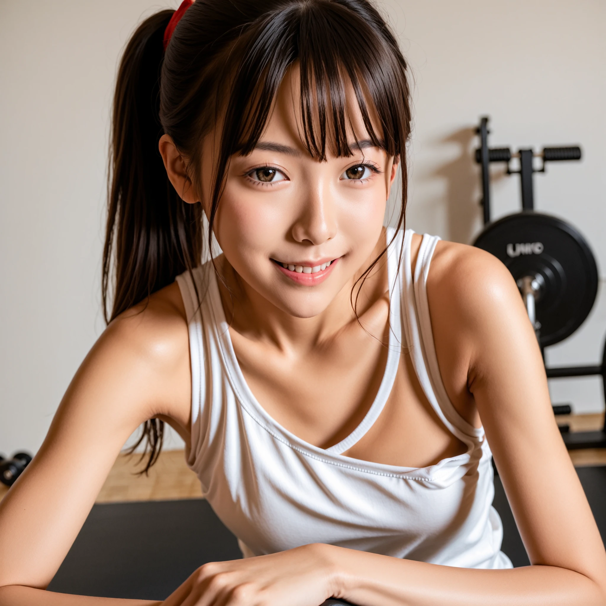 Japanese female, (underweight), (medium bust best quality:1.5), 30 years old,
((Voyeurism)) ,tired, neutral, semi long, (red tank top), (trunks), (sitting in a chair and hanging your head:1.3), in the living room, full body shot,